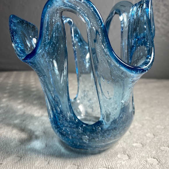 Vintage Blue Hand Blown Stretch Bubble Candle Art Glass Design Holder - Picture 7 of 11